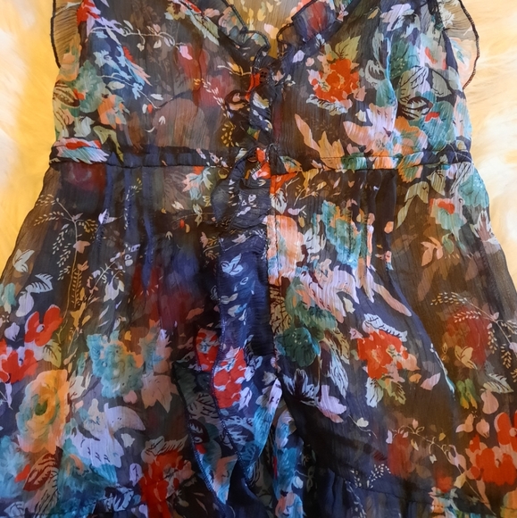 Sheer Waterfall Ruffled Floral Watercolor Tie Back Blouse - Picture 4 of 8